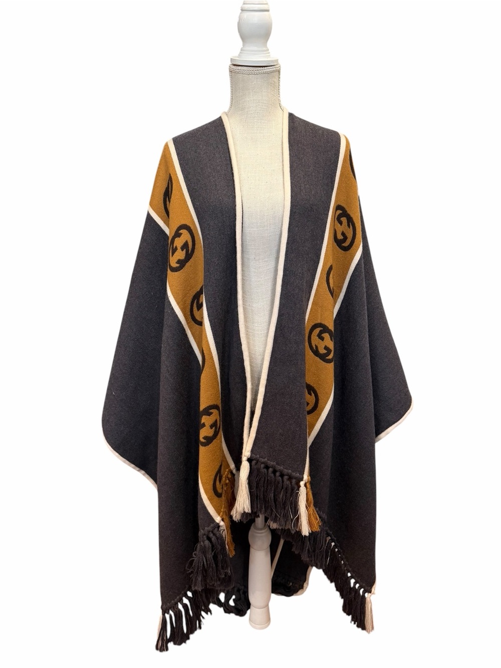Gucci Slate & Camel Logo-Trim Open Front Poncho - Picture 4 of 12
